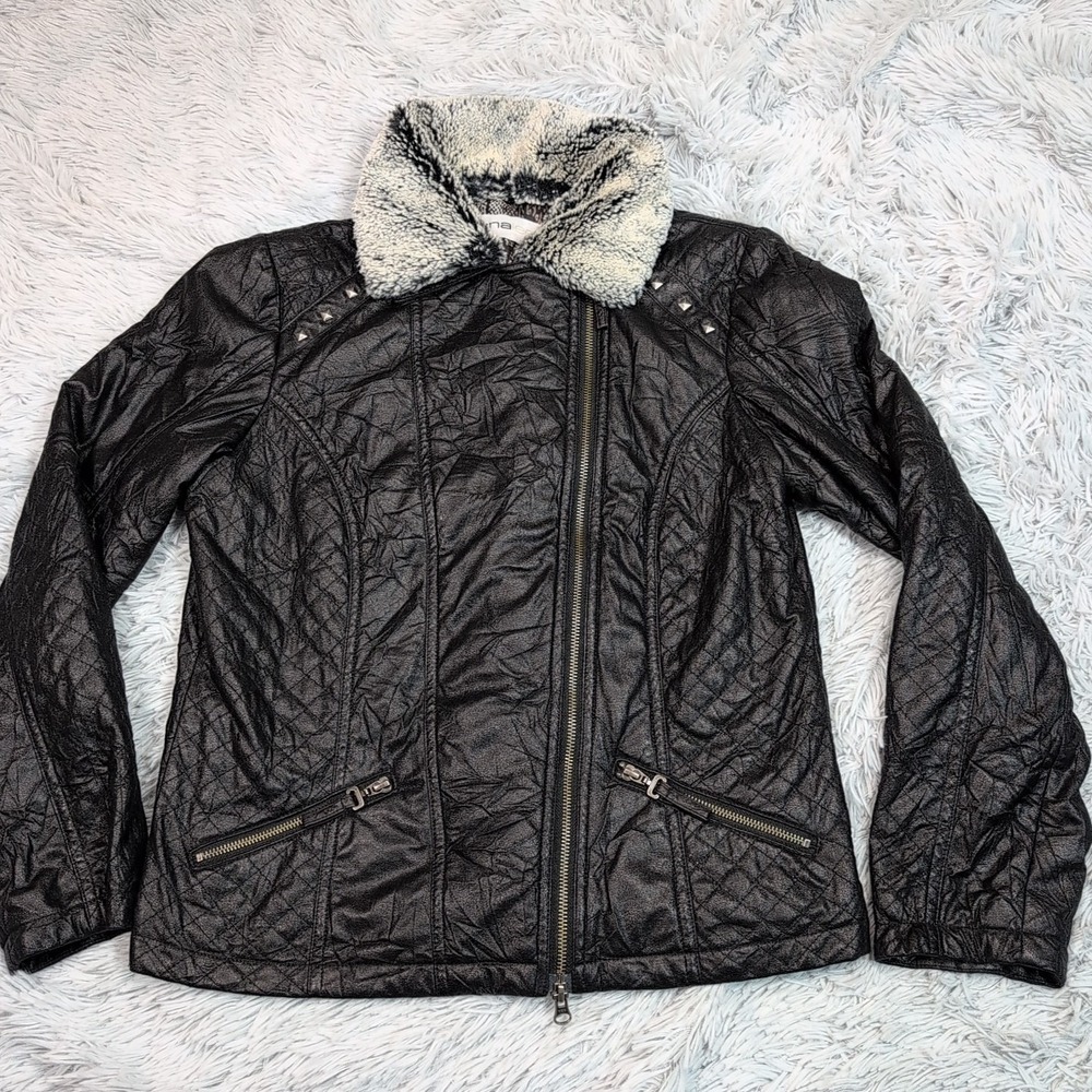 Lana Lee Jacket Womens S Black Faux Leather Coat Moto Asymmetrical Zip Up Punk